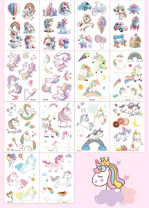 Cute cartoon unicorn temporary tattoo stickers sheet for kids colorful waterproof body art.