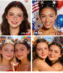 Detailed close-up view of various festive face temporary tattoos with star and rainbow patterns.