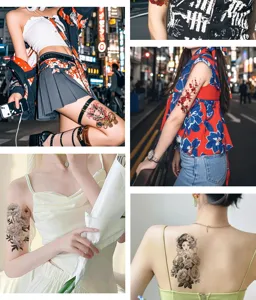 Stickers de tatouage temporaire noir et blanc bras art imperméable floral durable