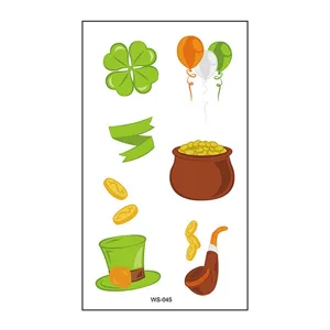 Feuille de tatouage temporaire de la Saint-Patrick pour enfants avec trèfles et chaudron.