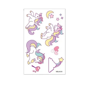 Cute cartoon unicorn temporary tattoo stickers for kids, colorful waterproof body art sheet.