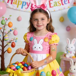 Simpatici tatuaggi temporanei di Pasqua impermeabili per bambini, adesivi con uova e coniglietti.