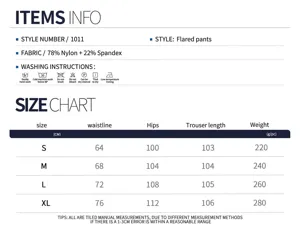 Flare yoga trousers size chart with waist, hip and length measurements for women fitness.
