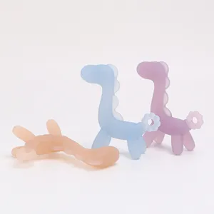 Silicone dinosaur baby teether toy details, soft sensory chew toy for infant teething.