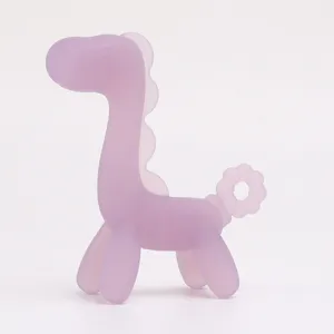 Detailed view of purple silicone dinosaur baby teether toy for safe teething and molar relief.