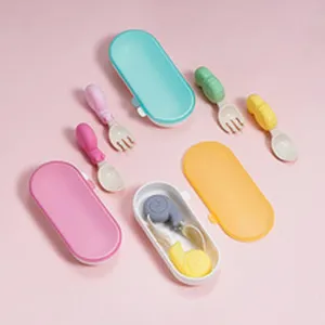 Portable baby silicone tableware set with cute snail shaped spoons, forks and cases.