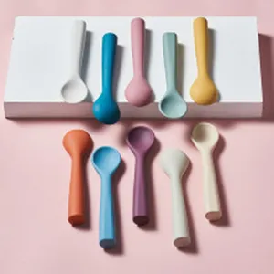 Colorful silicone baby feeding spoons set, durable infant tableware detail view showcase.