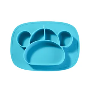 Primo piano piatto pappa in silicone blu, grazioso design a forma di animale con sezioni divise.