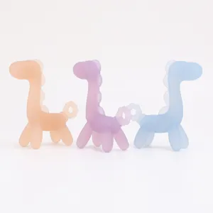 Food-grade silicone baby teether toy cute dinosaur design soft chewable molar stick for infants.