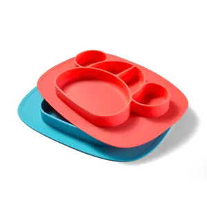 Piatto diviso in silicone per neonati, ciotola con ventosa a forma di animale carino in rosso e blu.