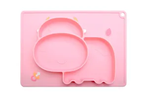 Piatto diviso in silicone per neonati, carina forma di mucca, stoviglie rosa per bambini.