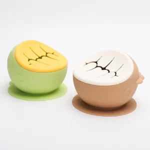 Silicone baby suction bowl set, toddler snack training tableware with slit lid design.