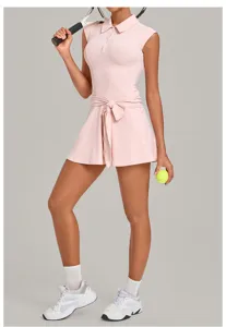 Detailed view of the pink sports tennis dress featuring a classic lapel and waist tie.