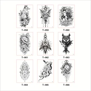 Black and white sketch animal and flower temporary tattoo stickers sheet for arm and chest.