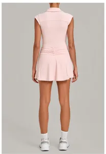 Pink athletic tennis dress back view, showing pleated waist and sleeveless design clearly.