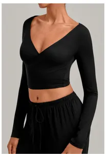 Black long sleeve wrap yoga crop top women athletic fitness sports activewear workout shirt