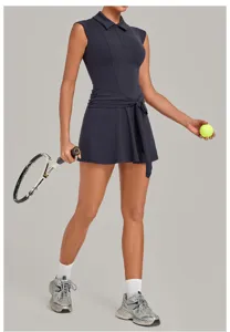 Dark navy athletic tennis dress detail, featuring a classic polo collar and waist tie.