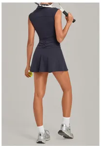 Detailed back view of a dark blue sleeveless tennis dress with pleated skirt for sports fitness.