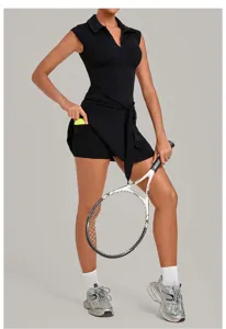Black sleeveless polo tennis dress with built-in shorts and pocket for sports activewear.