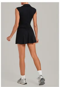 Black athletic tennis dress with built-in shorts, sleeveless polo design for sports and yoga fitness.