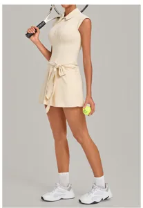 Beige sleeveless tennis dress detail, featuring lapel collar and waist tie design.