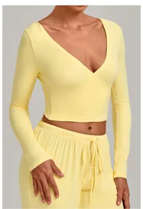 Women yellow wrap long sleeve crop yoga top activewear fitness athletic shirt breathable