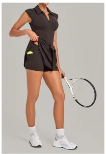 Women tennis dress detail view showing built-in shorts pocket and sleeveless polo collar design.