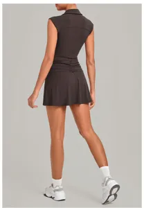 Women athletic tennis dress back view, brown polo collar sports activewear skirt outfit.