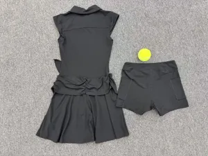 Black sleeveless polo tennis dress set with shorts, detailed view for sports fitness yoga.