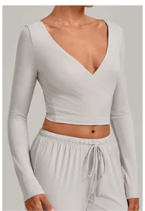 Light grey long sleeve wrap yoga crop top for women fitness athletic sportswear activewear