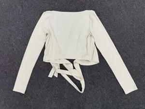 Beige long sleeve wrap yoga top, one-piece tie crop cardigan for fitness and outdoor sports.