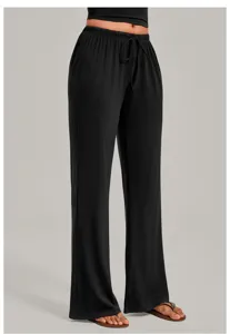 Black wide leg yoga pants for women, comfortable straight lounge pants with elastic waist.