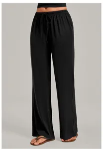 Women casual black wide-leg yoga pants with high waist and adjustable drawstring closure.