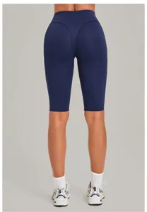 Damen hohe Taille enge Fitness Yoga Shorts, einfarbige marineblaue Sport Laufhose.