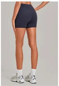 High waist crossover yoga shorts for women, tight athletic fitness running activewear.