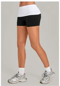Dames yoga shorts met omslag taille, effen kleur hardlopen fitness sportkleding korte broek.