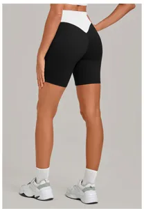 Damen Fitness Shorts hoher Bund V-Ausschnitt Farbblock aktiv Sport Training Fitnessstudio