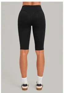 Schwarze hochgeschnittene Push-up Yoga Shorts für Damen, elastische Fitness Sport-Hose.