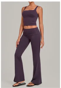 Plum yoga set crop top and flared pants for women fitness workout activewear details.