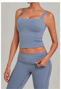 Damen blaues ungepolstertes doppelt genaehtes Yoga-Top und Leggings Sportbekleidung Set.