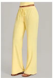 Women yellow loose wide leg yoga pants with elastic drawstring waist, smooth drape lounge pants.