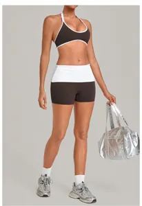 Halter Yoga Set zweiteiliges Workout Sportoutfit Damen mit kontrastierendem Bund.