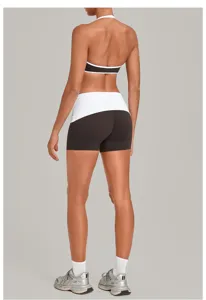 Halterneck Yoga Sportswear Set zweiteilig Colorblock Umschlagbund sportliche Shorts