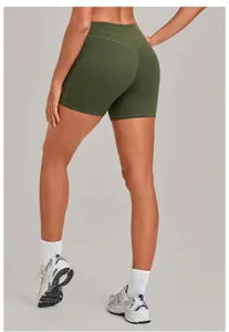 High waist cross waistband yoga shorts detail rear view, breathable nude feel athletic activewear.