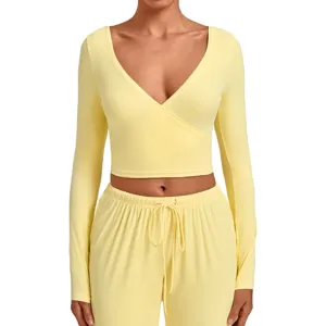 Women Minimalist V-Neck Cross Lace-Up Long Sleeve Yoga Clothing Cardigan Top And Bottom Set Sweatshirt Workout Apparel Sportswear