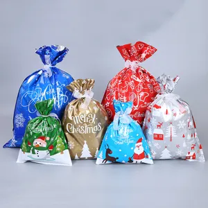 Weihnachten Süßigkeiten Kordelzug Geschenktüten Weihnachtsmann Schneeflocken Muster Metallic Kunststoff Beutel Für Festliche Verpackung
