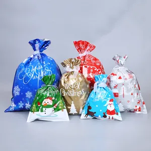 Bunte Weihnachtsgeschenktüten mit Kordelzug, festliche Leckereien und Süßigkeitenverpackung.