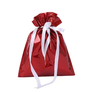 Roter holografischer Alufolien-Geschenkbeutel mit weißem Bandkordelzug für Feiern.