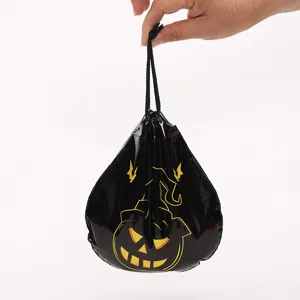 Schwarze glänzende Halloween Kordeltüte, Kürbis Bonbonbeutel für Partygeschenke und Snacks.