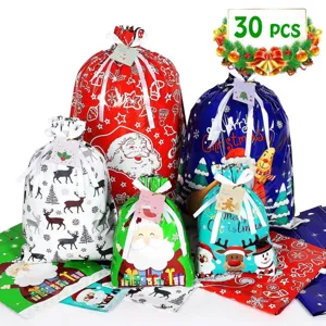 Weihnachten Kordelzug Geschenktüten Weihnachtsmann Rentier Schneemann Muster Kunststoff Metallisch Glanz Süßigkeiten Verpackung Party Deko Taschen